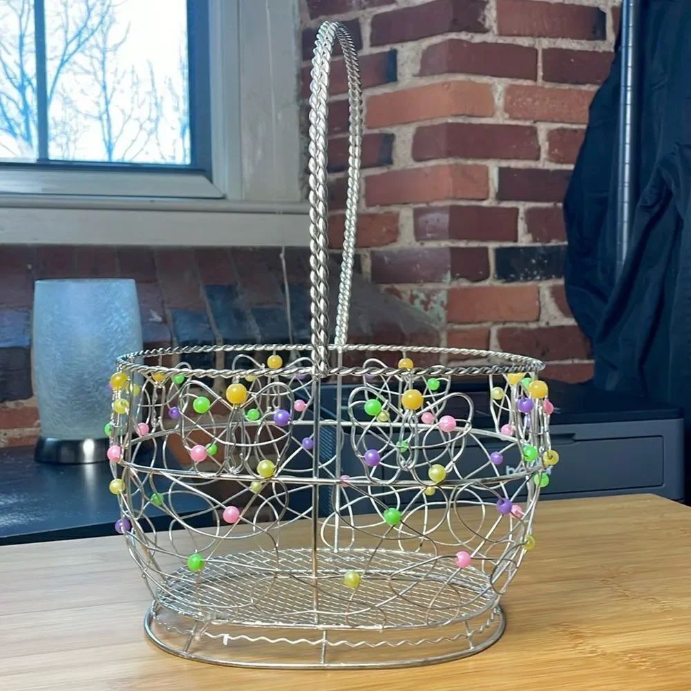 Metal Basket w/Multicolored Beads and Swirl Designs (Perfect for Easter)
